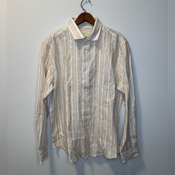 Stitch Note Tan and Cream Striped European Linen Men's Button Down Shirt - Picture 1 of 6